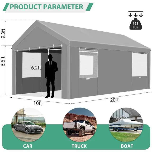 Alt view image 2 of 7 - Carport 10'x20' Heavy Duty Portable Garage, 2.0 Powder Coated Frame Better Than Galvanized