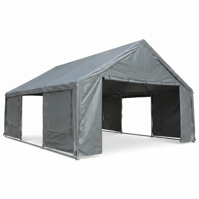 Alt view image 2 of 7 - Carport 20x20 Heavy Duty Storage Shelter Shed Portable Garage with All-Steel Metal Frame & Vents, Waterproof Carport Canopy Anti-Snow, Round Style Outdoor Storage Shed for Car, Truck, Boat