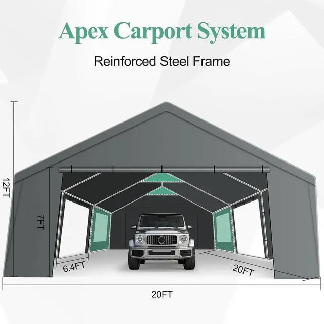 Alt view image 3 of 7 - Carport 20x20 Heavy Duty Storage Shelter Shed Portable Garage with All-Steel Metal Frame & Vents, Waterproof Carport Canopy Anti-Snow, Round Style Outdoor Storage Shed for Car, Truck, Boat