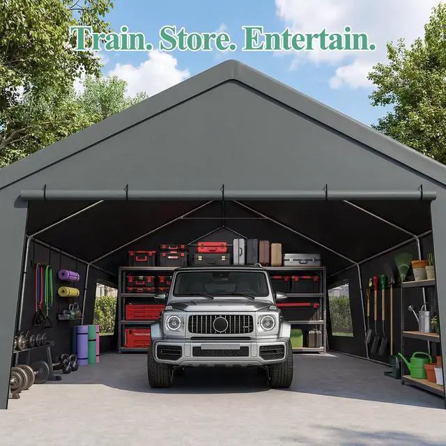 Alt view image 4 of 7 - Carport 20x20 Heavy Duty Storage Shelter Shed Portable Garage with All-Steel Metal Frame & Vents, Waterproof Carport Canopy Anti-Snow, Round Style Outdoor Storage Shed for Car, Truck, Boat