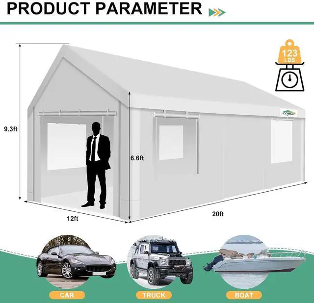 Alt view image 6 of 7 - Car Ports 12x20 Heavy Duty Portable Garage, Upgraded Car Canopy with Removable Sidewalls, Ventilated Windows & Built-in Sandbags, Waterproof All-Season Tarp, Car Tent for Truck, Boat, White