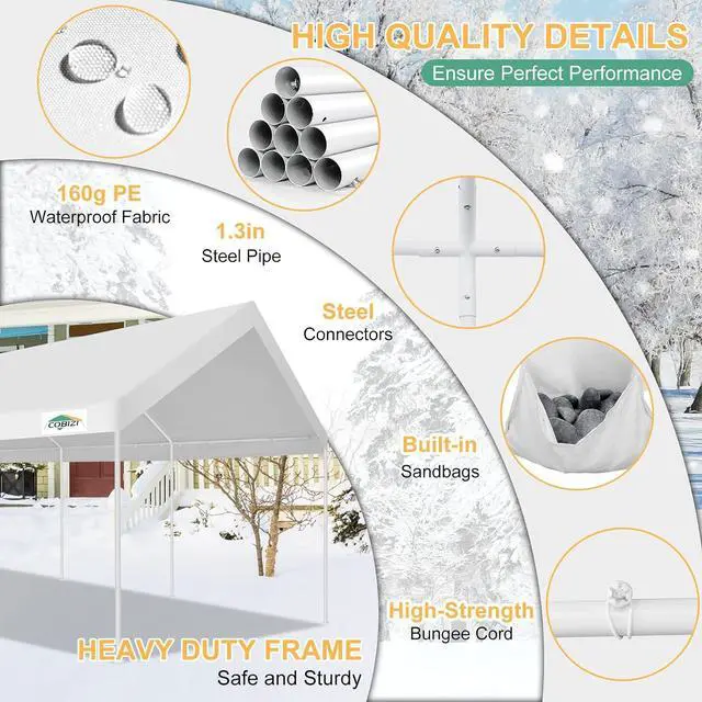 Alt view image 3 of 7 - Car Ports 12x20 Heavy Duty Portable Garage, Upgraded Car Canopy with Removable Sidewalls, Ventilated Windows & Built-in Sandbags, Waterproof All-Season Tarp, Car Tent for Truck, Boat, White