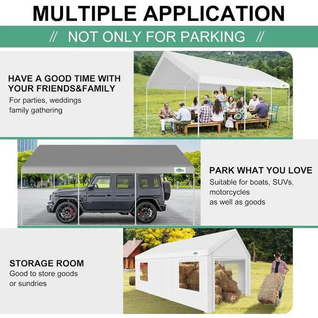 Alt view image 7 of 7 - Car Ports 12x20 Heavy Duty Portable Garage, Upgraded Car Canopy with Removable Sidewalls, Ventilated Windows & Built-in Sandbags, Waterproof All-Season Tarp, Car Tent for Truck, Boat, White