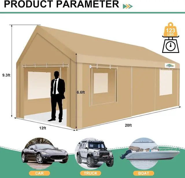 Alt view image 3 of 7 - Carport 12x20ft Heavy Duty Portable Garage, 2.0 Powder Coated Frame(Better Than Galvanized), Waterproof Shelter with Removable Sidewalls & Windows, Built-in Sandbags, for Car/Boat/SUV, Khaki