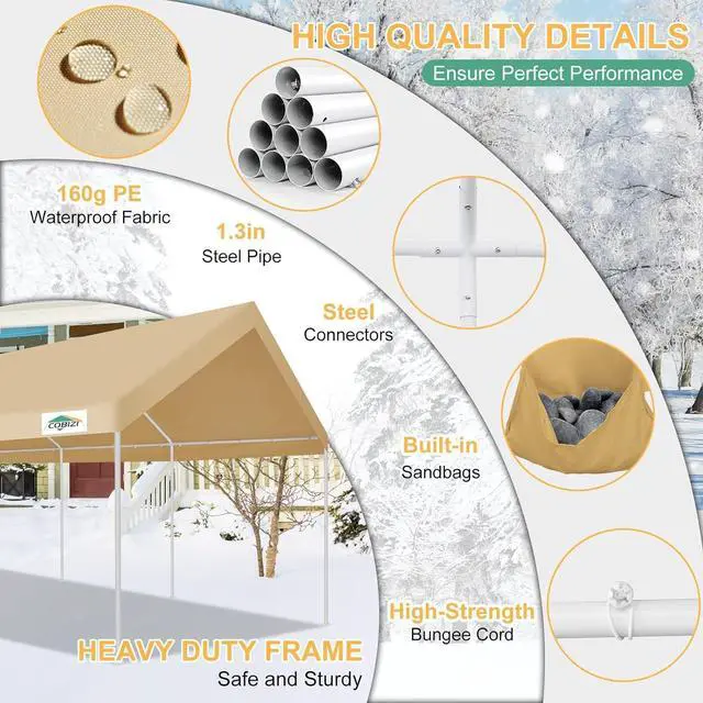 Alt view image 4 of 7 - Carport 12x20ft Heavy Duty Portable Garage, 2.0 Powder Coated Frame(Better Than Galvanized), Waterproof Shelter with Removable Sidewalls & Windows, Built-in Sandbags, for Car/Boat/SUV, Khaki