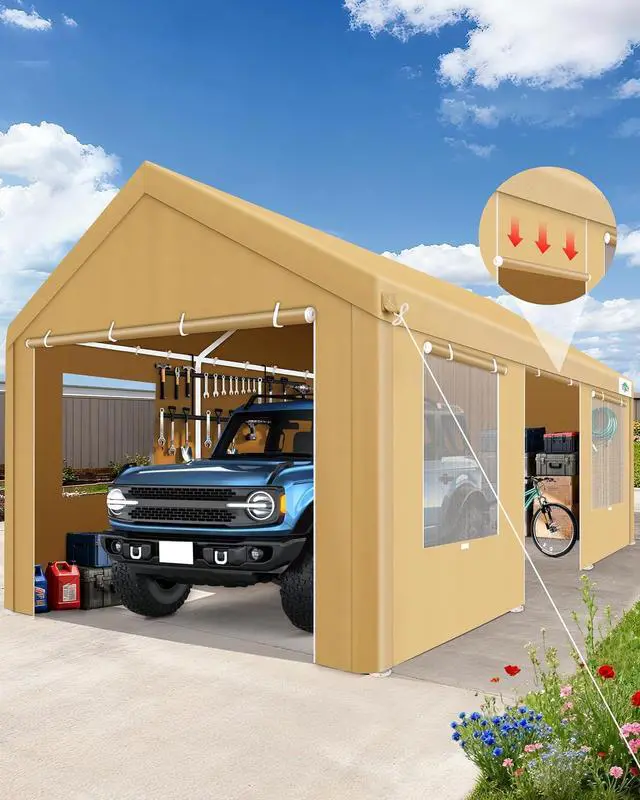 Main image of Carport 12x20ft Heavy Duty Portable Garage, 2.0 Powder Coated Frame(Better Than Galvanized), Waterproof Shelter with Removable Sidewalls & Windows, Built-in Sandbags, for Car/Boat/SUV, Khaki