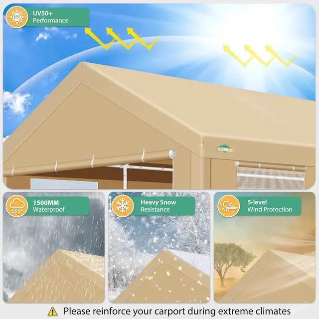 Alt view image 5 of 7 - Carport 12x20ft Heavy Duty Portable Garage, 2.0 Powder Coated Frame(Better Than Galvanized), Waterproof Shelter with Removable Sidewalls & Windows, Built-in Sandbags, for Car/Boat/SUV, Khaki