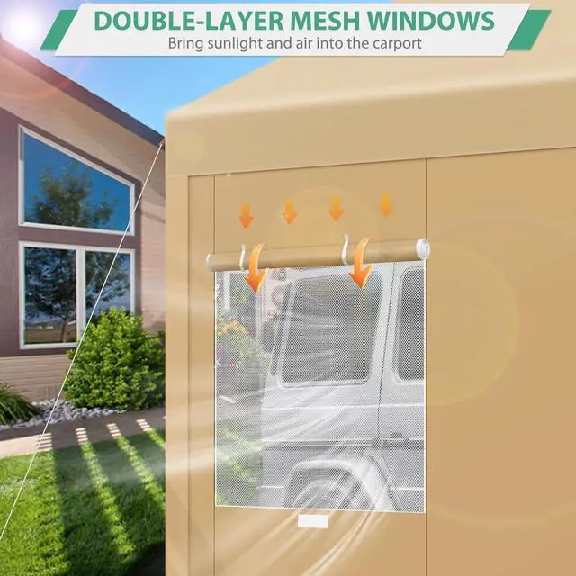 Alt view image 6 of 7 - Carport 12x20ft Heavy Duty Portable Garage, 2.0 Powder Coated Frame(Better Than Galvanized), Waterproof Shelter with Removable Sidewalls & Windows, Built-in Sandbags, for Car/Boat/SUV, Khaki