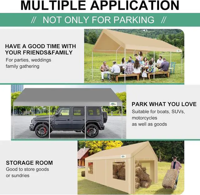 Alt view image 7 of 7 - Carport 12x20ft Heavy Duty Portable Garage, 2.0 Powder Coated Frame(Better Than Galvanized), Waterproof Shelter with Removable Sidewalls & Windows, Built-in Sandbags, for Car/Boat/SUV, Khaki