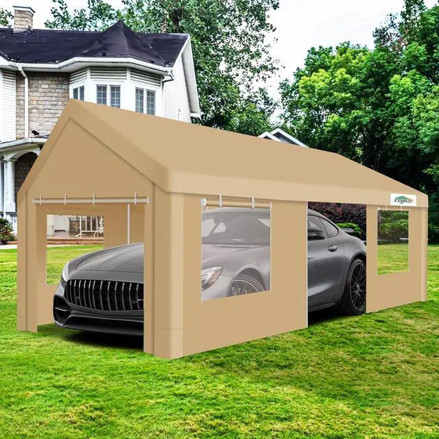 Alt view image 2 of 7 - Carport 12x20ft Heavy Duty Portable Garage, 2.0 Powder Coated Frame(Better Than Galvanized), Waterproof Shelter with Removable Sidewalls & Windows, Built-in Sandbags, for Car/Boat/SUV, Khaki