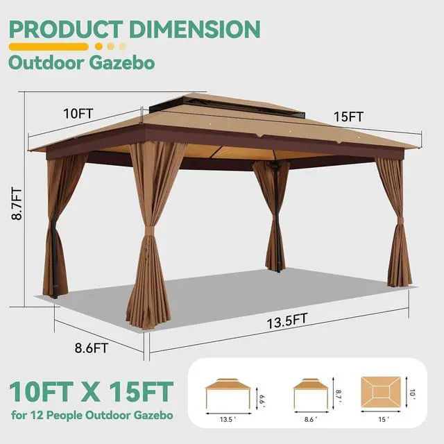 Alt view image 2 of 7 - 10x15 Outdoor Patio Gazebo with Privacy Curtains, Khaki
