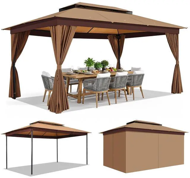 Alt view image 3 of 7 - 10x15 Outdoor Patio Gazebo with Privacy Curtains, Khaki