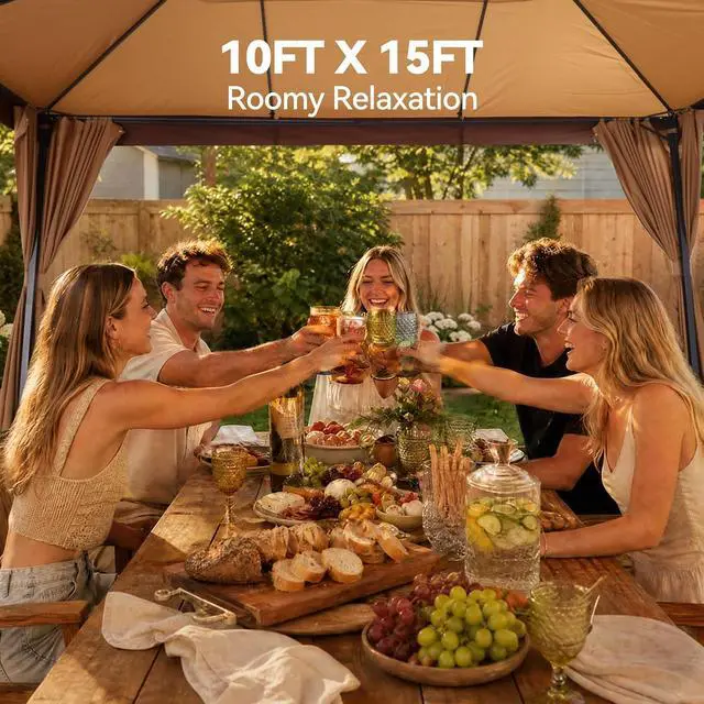 Alt view image 4 of 7 - 10x15 Outdoor Patio Gazebo with Privacy Curtains, Khaki