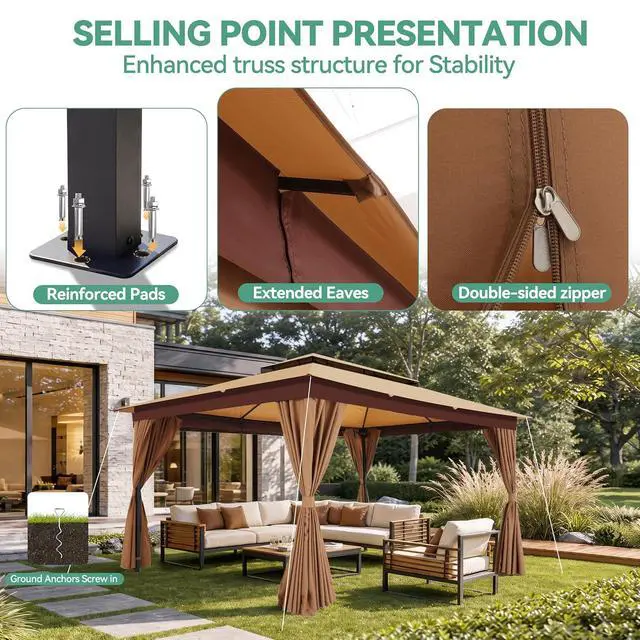 Alt view image 5 of 7 - 10x15 Outdoor Patio Gazebo with Privacy Curtains, Khaki