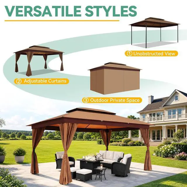 Alt view image 7 of 7 - 10x15 Outdoor Patio Gazebo with Privacy Curtains, Khaki