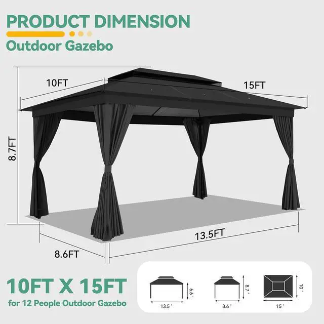 Alt view image 2 of 7 - 10x15 Outdoor Patio Gazebo with Privacy Curtains, Black