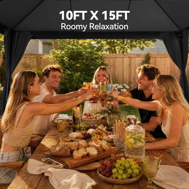 Alt view image 4 of 7 - 10x15 Outdoor Patio Gazebo with Privacy Curtains, Black