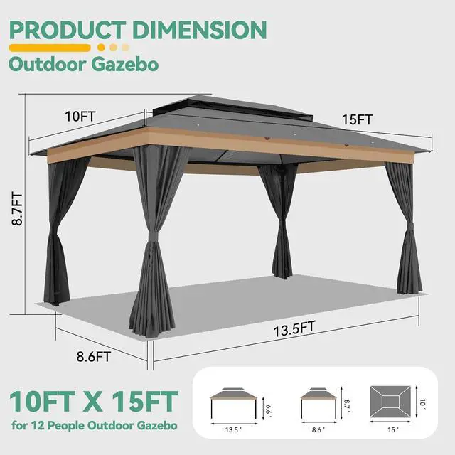 Alt view image 2 of 7 - 10x15 Outdoor Patio Gazebo with Privacy Curtains, Gray