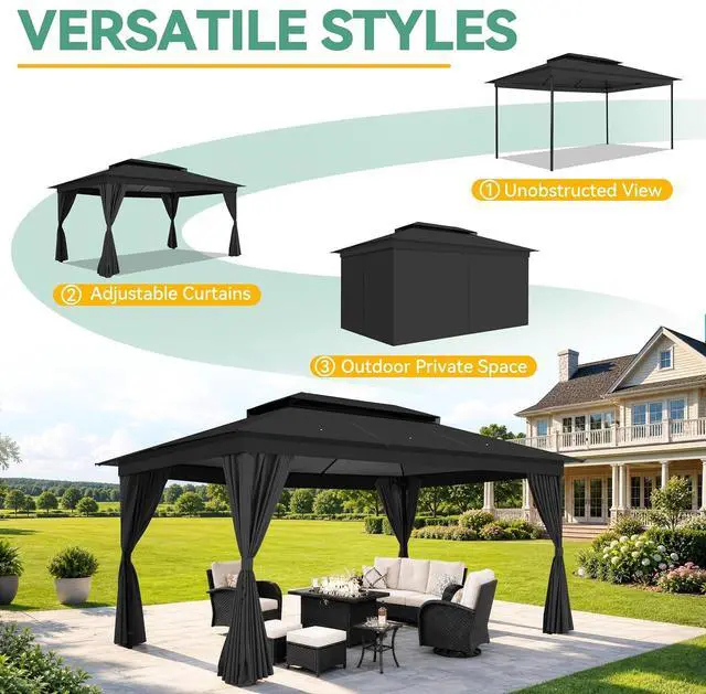 Alt view image 7 of 7 - 10x15 Outdoor Patio Gazebo with Privacy Curtains, Black