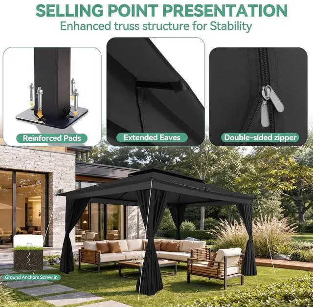 Alt view image 5 of 7 - 10x15 Outdoor Patio Gazebo with Privacy Curtains, Black