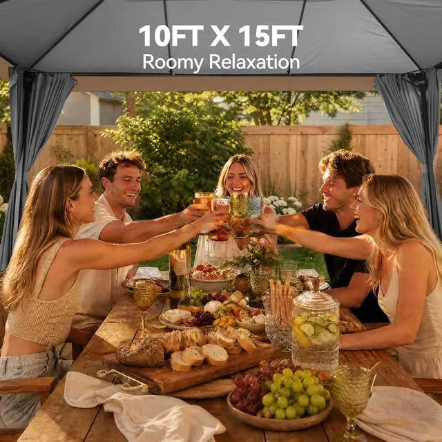 Alt view image 4 of 7 - 10x15 Outdoor Patio Gazebo with Privacy Curtains, Gray