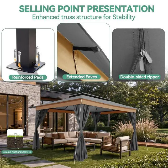 Alt view image 5 of 7 - 10x15 Outdoor Patio Gazebo with Privacy Curtains, Gray