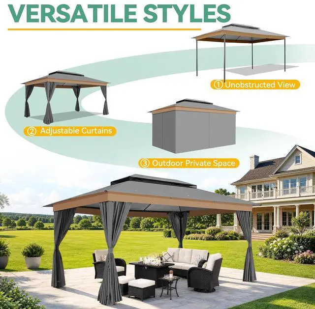 Alt view image 7 of 7 - 10x15 Outdoor Patio Gazebo with Privacy Curtains, Gray
