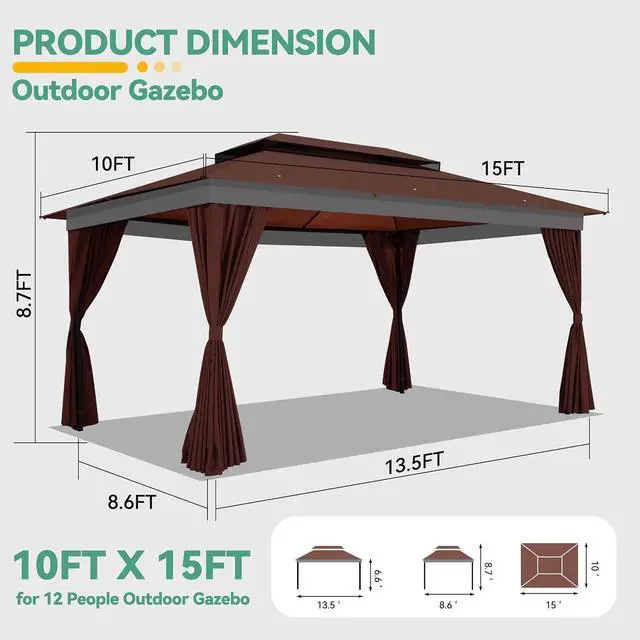 Alt view image 2 of 7 - 10x15 Outdoor Patio Gazebo with Privacy Curtains, Brown