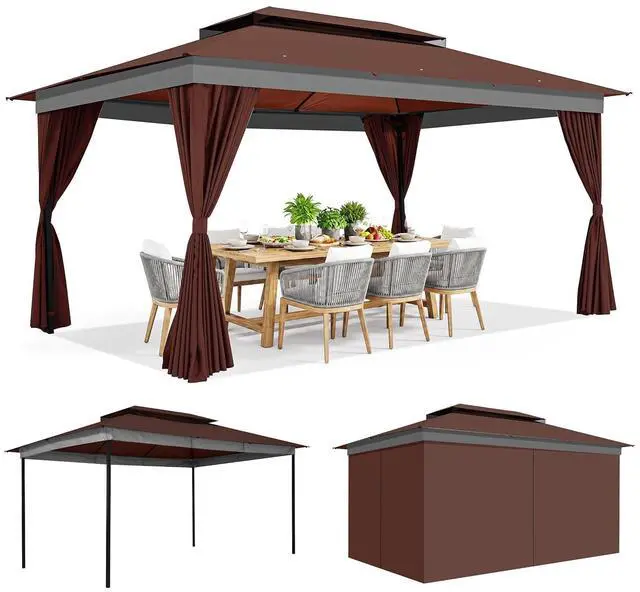 Alt view image 3 of 7 - 10x15 Outdoor Patio Gazebo with Privacy Curtains, Brown