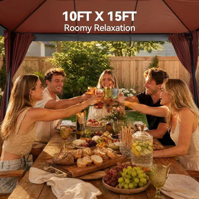Alt view image 4 of 7 - 10x15 Outdoor Patio Gazebo with Privacy Curtains, Brown