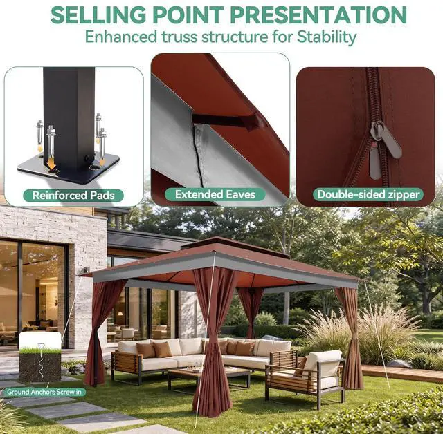 Alt view image 5 of 7 - 10x15 Outdoor Patio Gazebo with Privacy Curtains, Brown