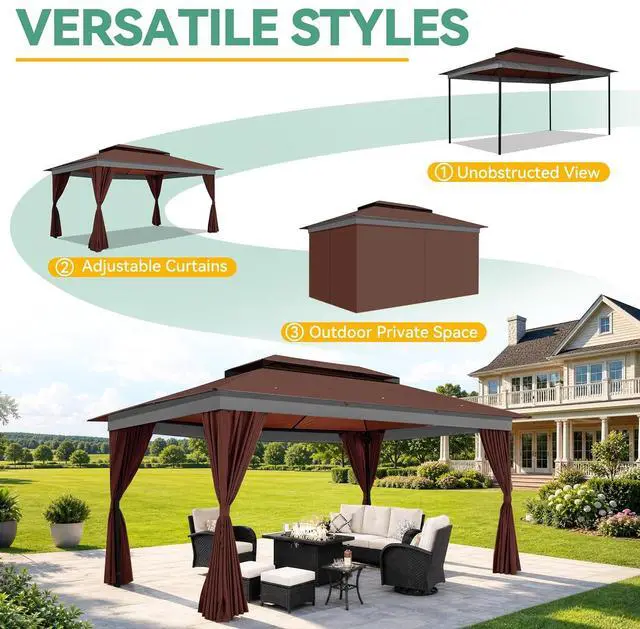 Alt view image 7 of 7 - 10x15 Outdoor Patio Gazebo with Privacy Curtains, Brown