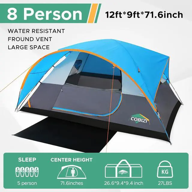 Alt view image 2 of 7 - 8 Person Camping Tent with Rainfly & Screen, Waterproof, Blue