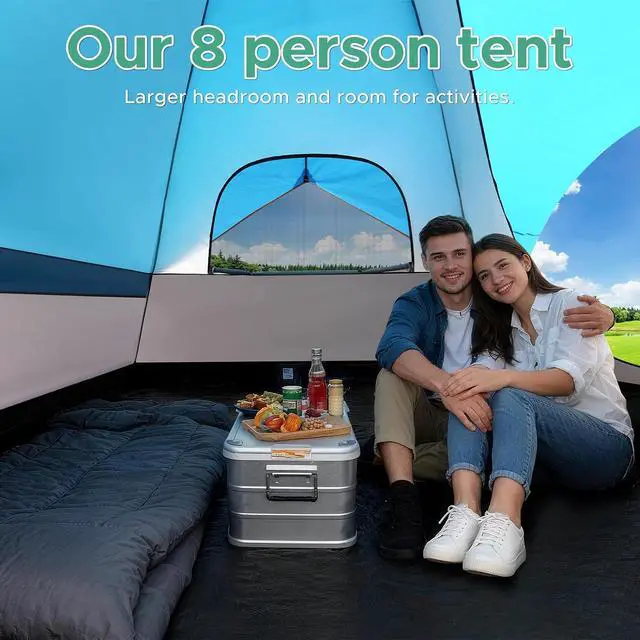 Alt view image 3 of 7 - 8 Person Camping Tent with Rainfly & Screen, Waterproof, Blue