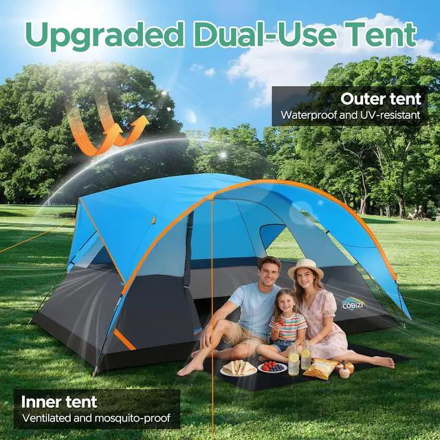 Alt view image 4 of 7 - 8 Person Camping Tent with Rainfly & Screen, Waterproof, Blue