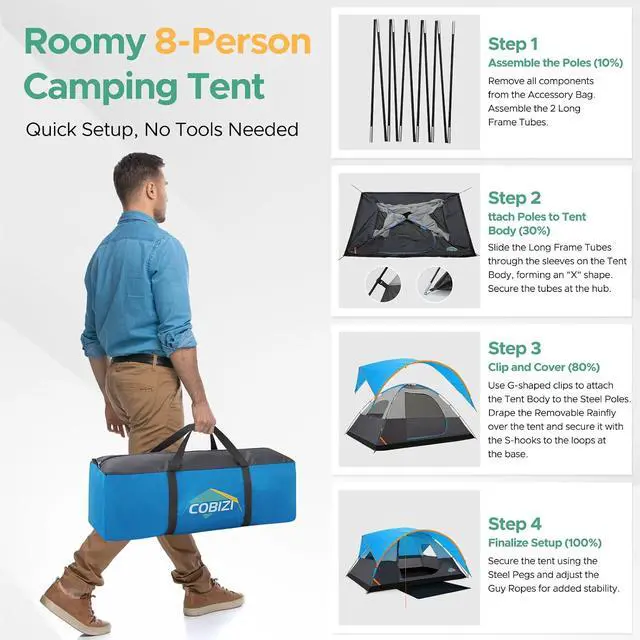 Alt view image 7 of 7 - 8 Person Camping Tent with Rainfly & Screen, Waterproof, Blue