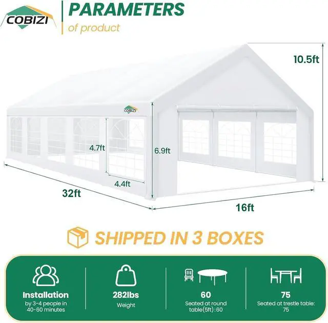 Alt view image 3 of 7 - 16x32 Heavy Duty Party Tent Outdoor Waterproof Canopy with 14 Church Windows & 10 Sidewalls, Built-in Sandbag, White Powder Coating Commercial Event Shelter Tents for Parties Wedding BBQ Patio