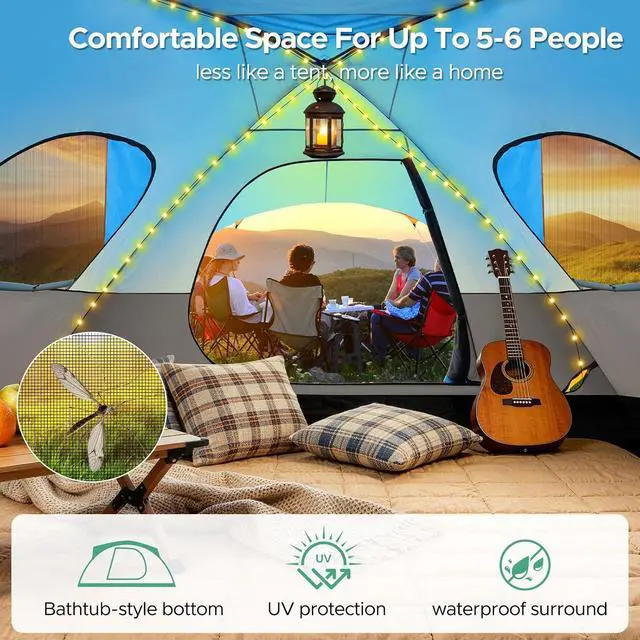 Alt view image 5 of 7 - 8 Person Camping Tent with Rainfly & Screen, Waterproof, Blue