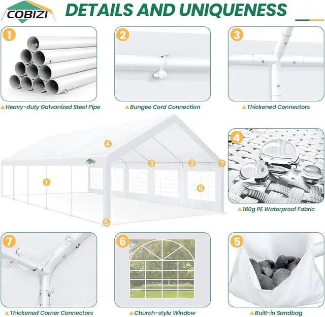 Alt view image 6 of 7 - 16x32 Heavy Duty Party Tent Outdoor Waterproof Canopy with 14 Church Windows & 10 Sidewalls, Built-in Sandbag, White Powder Coating Commercial Event Shelter Tents for Parties Wedding BBQ Patio