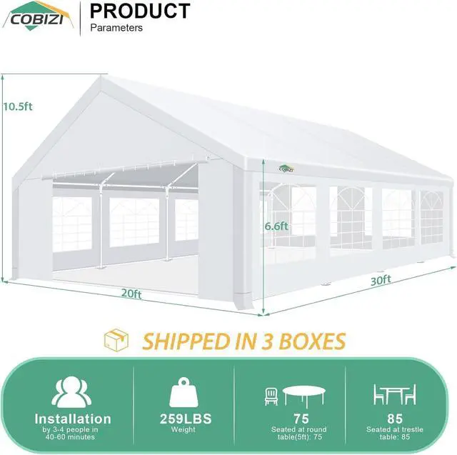Alt view image 3 of 7 - 20x30 Heavy Duty Party Tent Outdoor Waterproof Canopy with 12 Church Windows & 8 Sidewalls, Built-in Sandbag, White Powder Coating Commercial Event Shelter Tents for Parties Wedding BBQ Patio