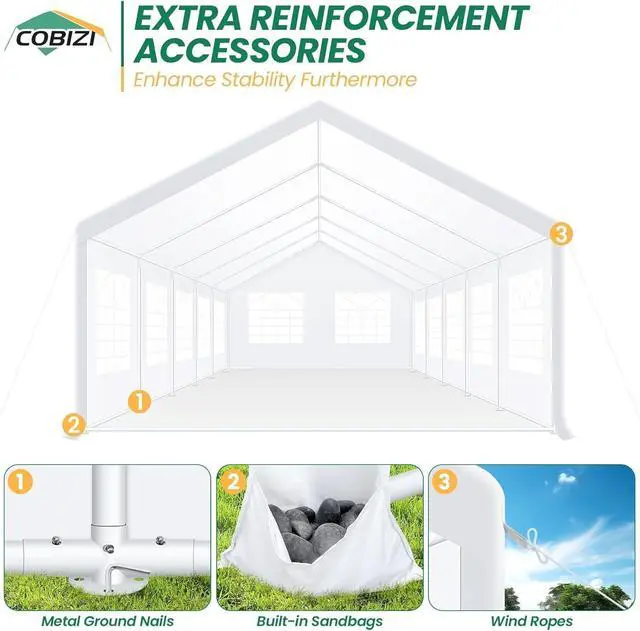 Alt view image 7 of 7 - 16x32 Heavy Duty Party Tent Outdoor Waterproof Canopy with 14 Church Windows & 10 Sidewalls, Built-in Sandbag, White Powder Coating Commercial Event Shelter Tents for Parties Wedding BBQ Patio