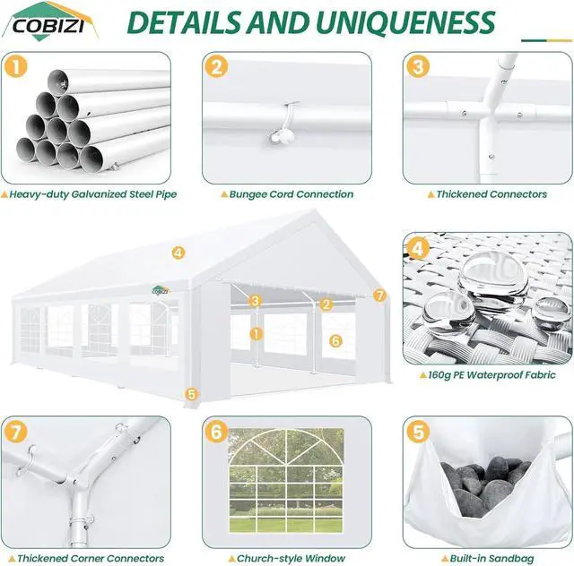 Alt view image 5 of 7 - 20x30 Heavy Duty Party Tent Outdoor Waterproof Canopy with 12 Church Windows & 8 Sidewalls, Built-in Sandbag, White Powder Coating Commercial Event Shelter Tents for Parties Wedding BBQ Patio