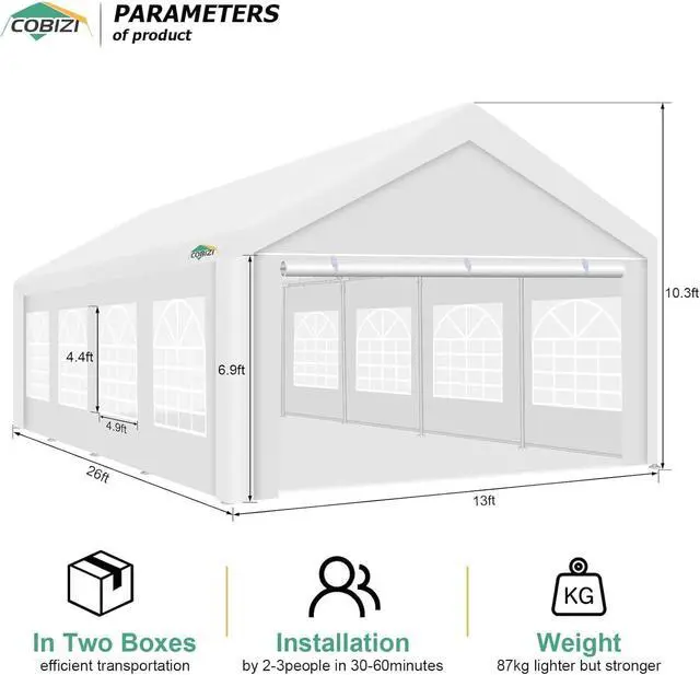 Alt view image 3 of 7 - 13x26 Heavy Duty Party Tent Outdoor Waterproof Canopy with 10 Church Windows & 8 Sidewalls, Built-in Sandbag, White Powder Coating Commercial Event Shelter Tents for Parties BBQ Patio Wedding