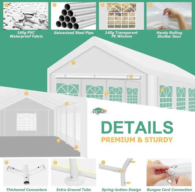 Alt view image 5 of 7 - 13x26 Heavy Duty Party Tent Outdoor Waterproof Canopy with 10 Church Windows & 8 Sidewalls, Built-in Sandbag, White Powder Coating Commercial Event Shelter Tents for Parties BBQ Patio Wedding