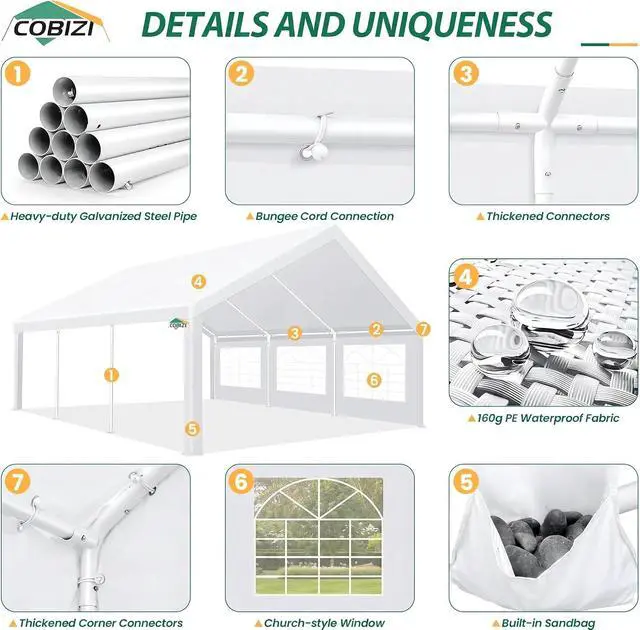 Alt view image 3 of 6 - 16x20 Heavy Duty Party Tent Outdoor Waterproof Canopy with 10 Church Windows & 6 Sidewalls, Built-in Sandbag, White Powder Coating Commercial Event Shelter Tents for Parties BBQ Patio Wedding