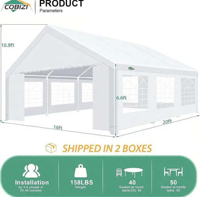 Alt view image 2 of 6 - 16x20 Heavy Duty Party Tent Outdoor Waterproof Canopy with 10 Church Windows & 6 Sidewalls, Built-in Sandbag, White Powder Coating Commercial Event Shelter Tents for Parties BBQ Patio Wedding