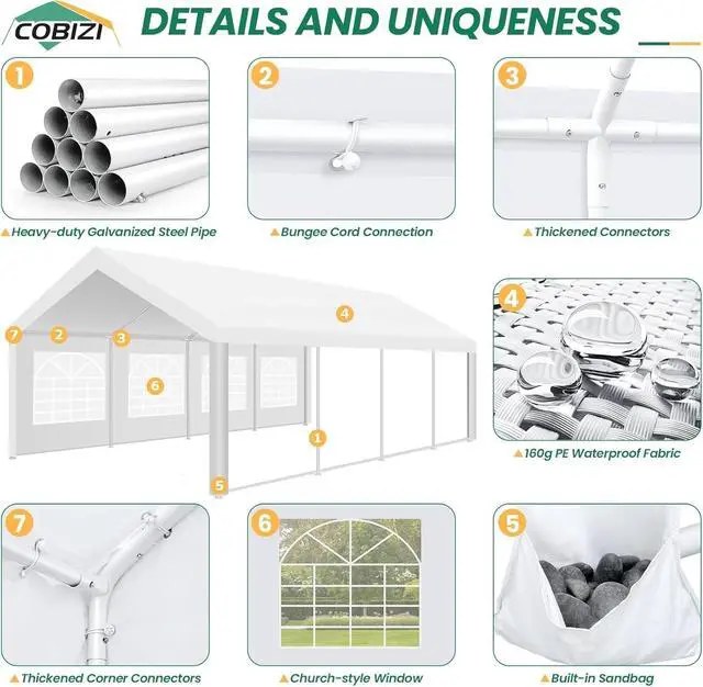 Alt view image 2 of 7 - 13x26 Heavy Duty Party Tent Outdoor Waterproof Canopy with 10 Church Windows & 8 Sidewalls, Built-in Sandbag, White Powder Coating Commercial Event Shelter Tents for Parties Wedding BBQ Patio