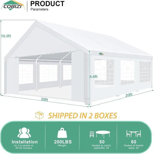 Alt view image 3 of 7 - 20x20 Heavy Duty Party Tent Outdoor Waterproof Canopy with 10 Church Windows & 6 Sidewalls, Built-in Sandbag, White Powder Coating Commercial Event Shelter Tents for Parties Wedding BBQ Patio