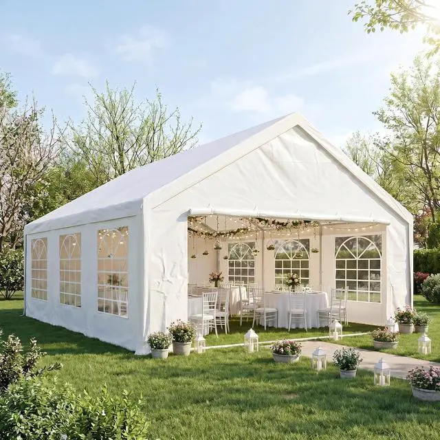 Main image of 20x20 Heavy Duty Party Tent Outdoor Waterproof Canopy with 10 Church Windows & 6 Sidewalls, Built-in Sandbag, White Powder Coating Commercial Event Shelter Tents for Parties Wedding BBQ Patio