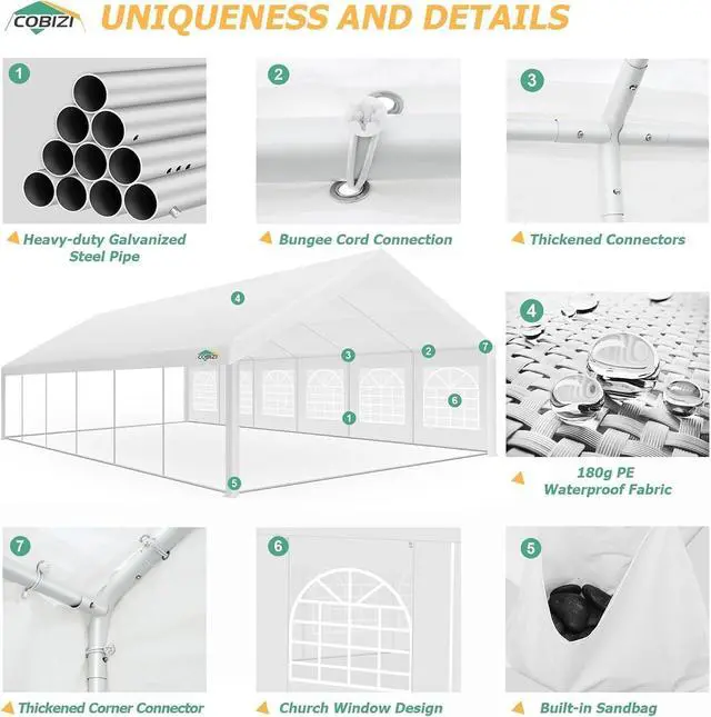 Alt view image 6 of 7 - 20x40 Heavy Duty Party Tent Outdoor Waterproof Canopy with 16 Church Windows & 12 Sidewalls, Built-in Sandbag, White Powder Coating Commercial Event Shelter Tents for Parties Wedding Patio BBQ